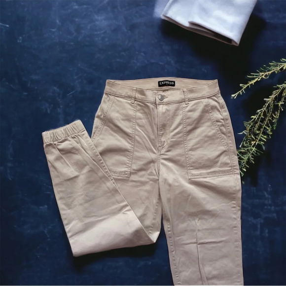 Express Pants - EXPRESS High Waisted Stretch Straight Cropped Cinched Hem Utility Pant in Beige